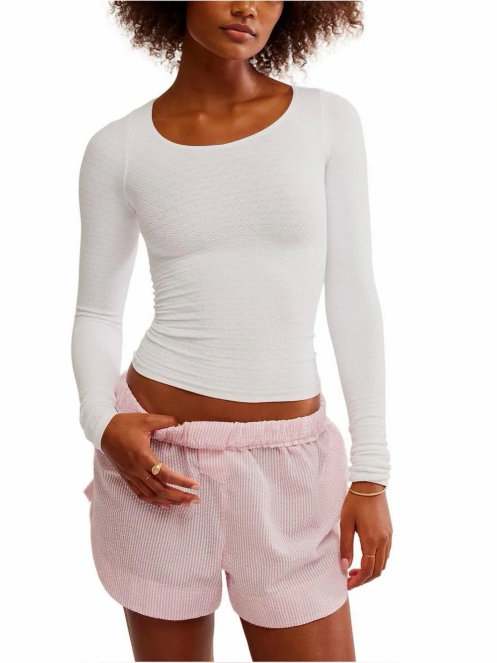 Intimately Free People White Long Sleeve Scoop Neck Stretchy Textured Top - M/L